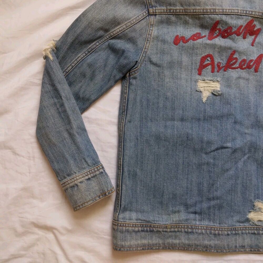 Hidden Embroidered Distressed Denim Jean Jacket Grunge Y2K Women's Size XS - Picture 16 of 16